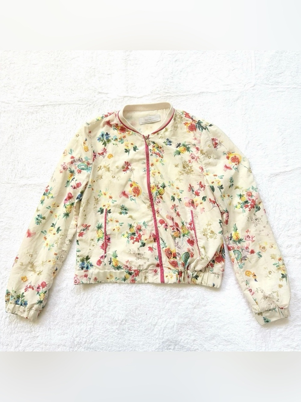 ZARA Trafaluc Jacket Flower White Women Size M Lightweight Zip up